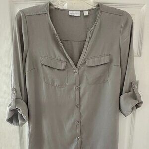 Gray button down blouse with satin-effect material by New York & Company